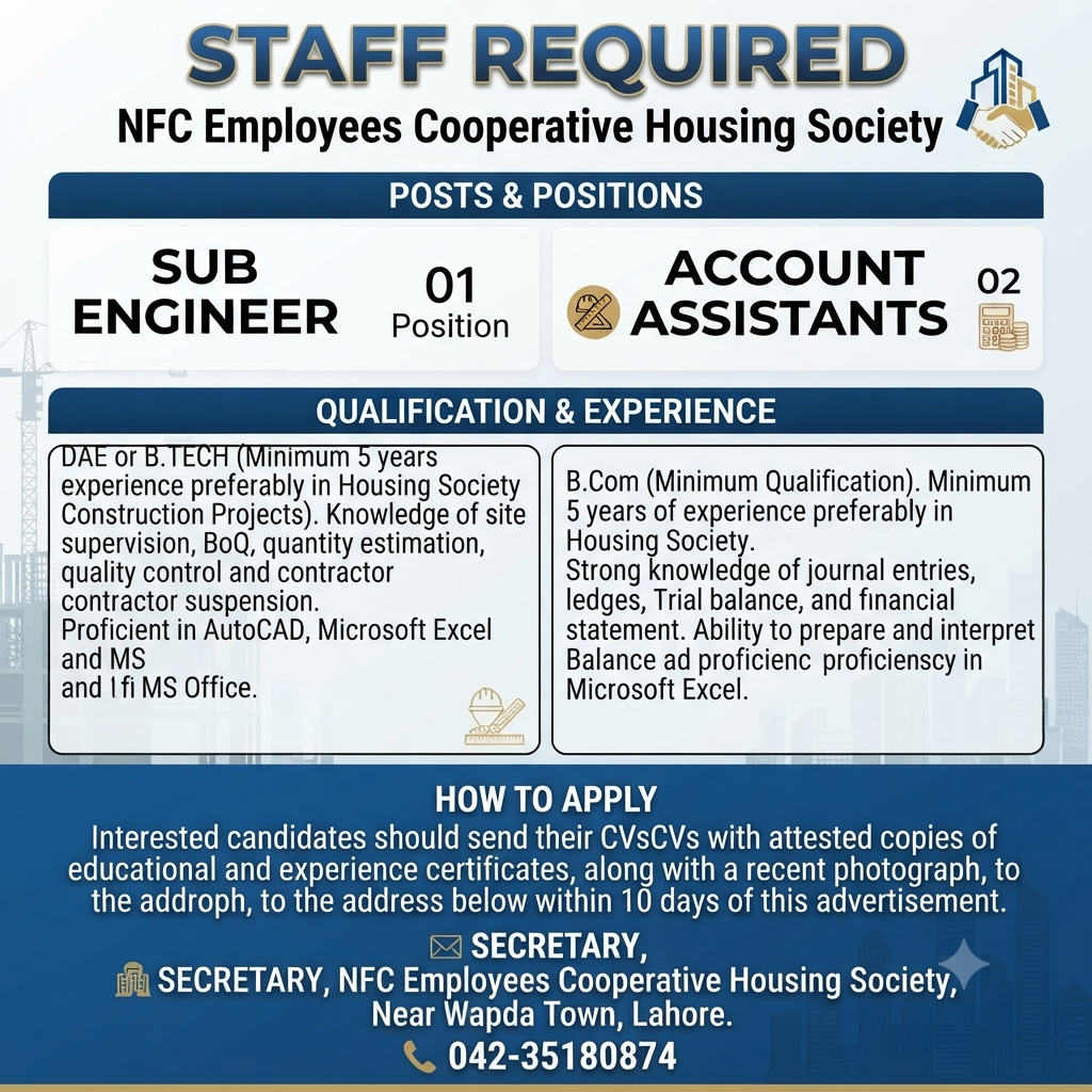 NFC Employees Cooperative Housing Society Staff Required