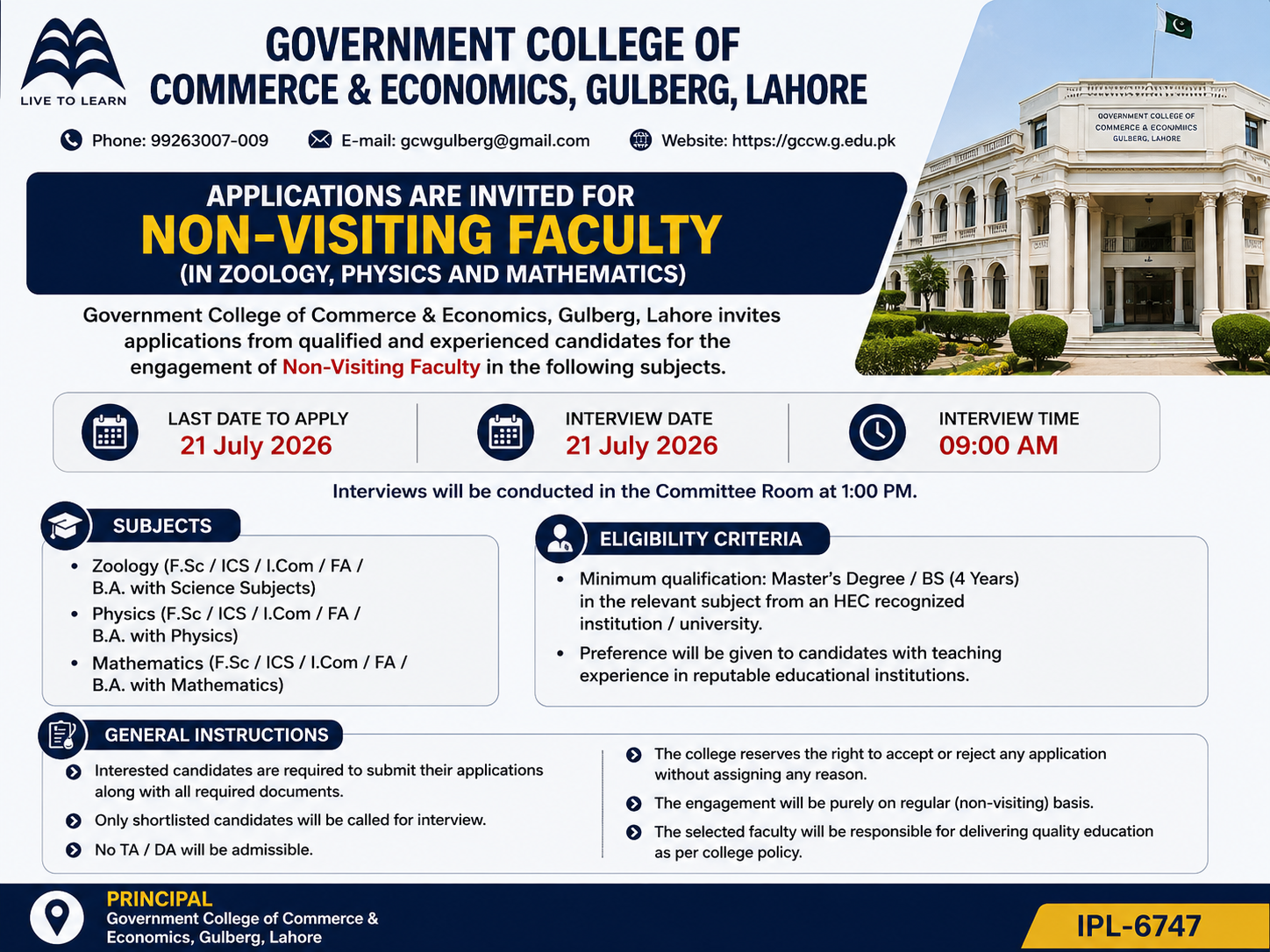 Government College of Commerce Gulberg Non-Visiting Faculty