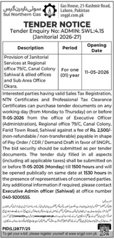 Provision of Janitorial Services at Regional office 79/C, Canal Colony Sahiwal & allied offices and Sub Area Office Okara - Sui Northern Gas Pipelines Limited (SNGPL)