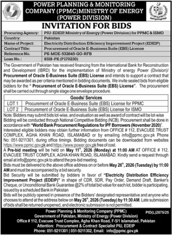 Procurement of Oracle E-Business Suite (EBS) License - Power Planning & Monitoring Company (PPMC), Ministry of Energy (Power Division)