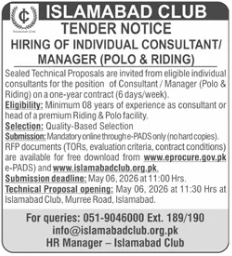 Hiring of Individual Consultant/Manager (Polo & Riding) - Islamabad Club