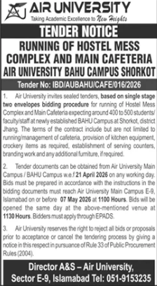 Running of Hostel Mess Complex and Main Cafeteria Air University Bahu Campus Shorkot - Air University