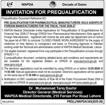 Pre Qualification for Pharmaceutical Manufacturers / Sole Agents of Foreign Manufacturers for the Fiscal Year 2026-27 - WAPDA