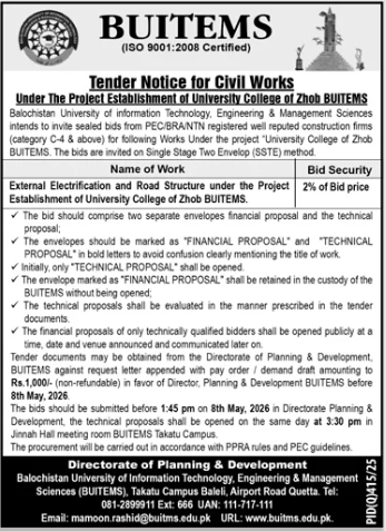 External Electrification and Road Structure under the Project Establishment of University College of Zhob BUITEMS - Balochistan University of Information Technology, Engineering & Management Sciences (BUITEMS)