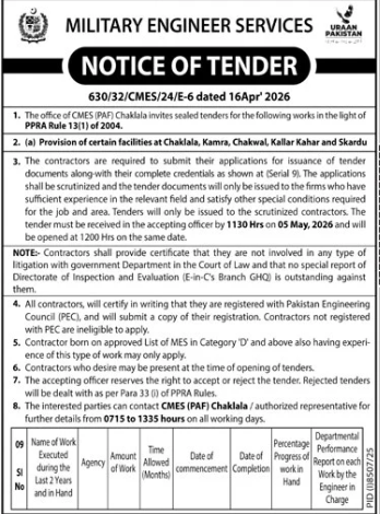 Provision of Certain Facilities at Chaklala, Kamra, Chakwal, Kallar Kahar and Skardu - Military Engineer Services