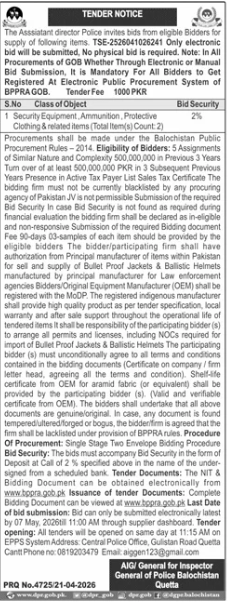 Procurement of Bullet Proof Jackets & Ballistic Helmets for Balochistan Constabulary - Inspector General of Police Balochistan