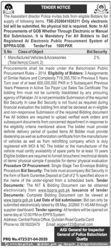 Procurement of Manufactured Vehicles & Accessories (Total Item(s) Count: 2) - Inspector General of Police Balochistan