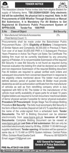 Procurement of Manufactured Vehicles & Accessories - Inspector General of Police Balochistan