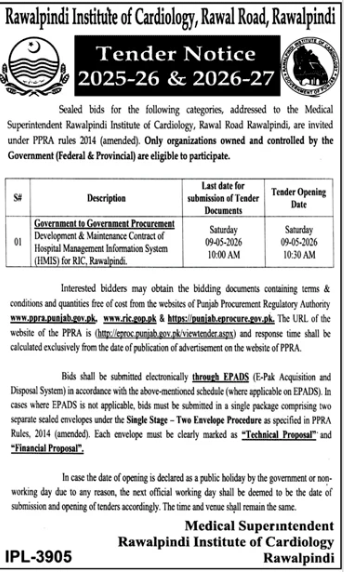 Government Procurement of Development & Maintenance Contract of Hospital Management Information System (HMIS) for RIC, Rawalpindi - Rawalpindi Institute of Cardiology, Rawal Road, Rawalpindi