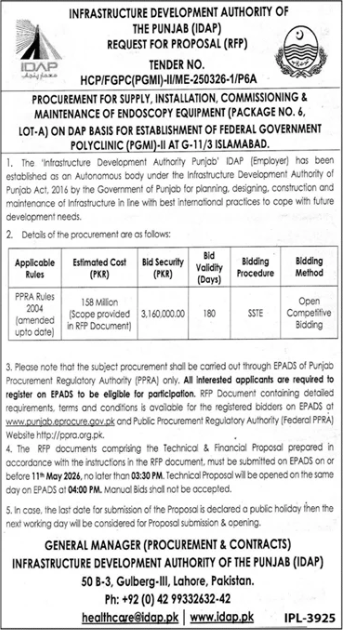 PROCUREMENT FOR SUPPLY, INSTALLATION, COMMISSIONING & MAINTENANCE OF ENDOSCOPY EQUIPMENT (PACKAGE NO. 6, LOT-A) ON DAP BASIS FOR ESTABLISHMENT OF FEDERAL GOVERNMENT POLYCLINIC (PGMI)-II AT G-11/3 ISLAMABAD - Infrastructure Development Authority of the Punjab (IDAP)