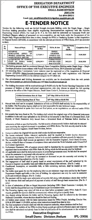 E-TENDER NOTICE for Repairing / Renovations of Executive Engineer Small Dams Division Jhelum Office and Repairing / Renovations of Residences for XEN and Staff in Small Dams Division Jhelum