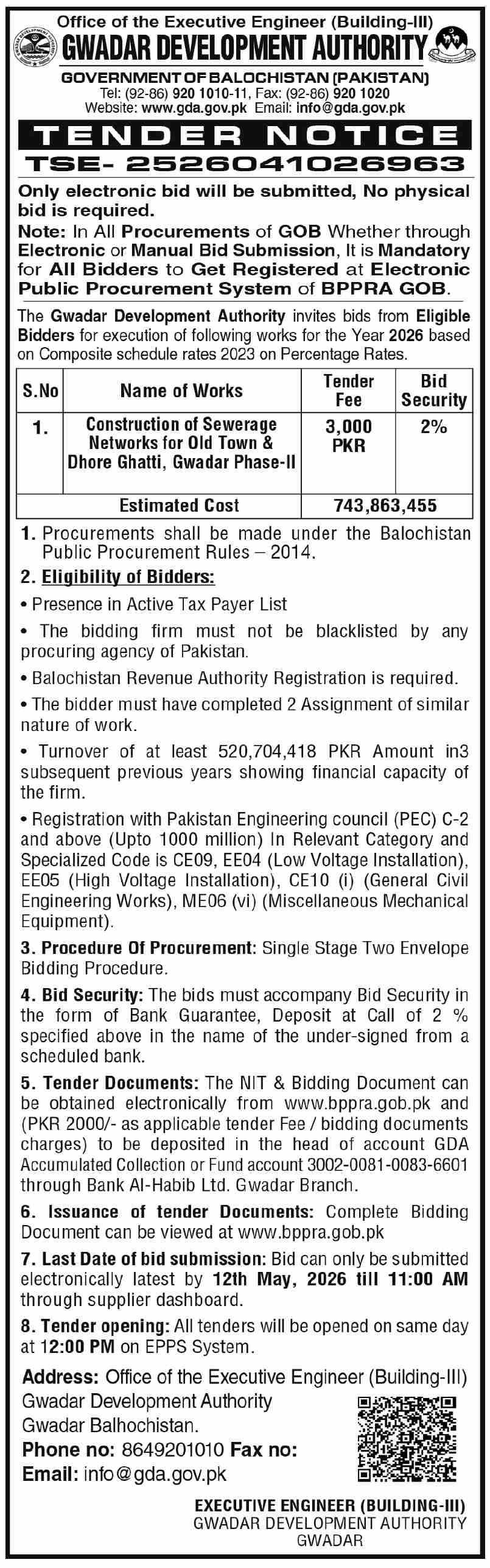 TSE-2526041026963 for Construction of Sewerage Networks for Old Town & Dhore Ghatti, Gwadar Phase-II - Gwadar Development Authority, Government of Balochistan