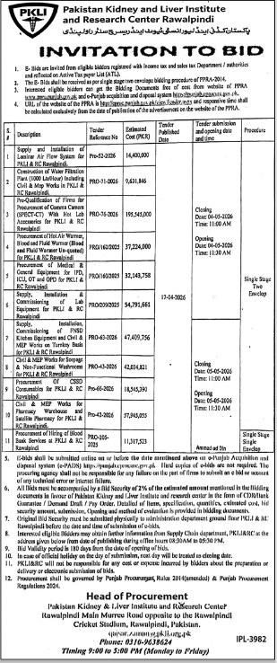 INVITATION TO BID for Various Works, Goods and Services at PKLI & RC