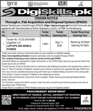 DigiSkills.pk TENDER NOTICE for SUPPLY OF LAPTOPS AND MOBILE PHONES - Tender No. VU/25-26/04/888 - Directorate of Finance, Virtual University of Pakistan