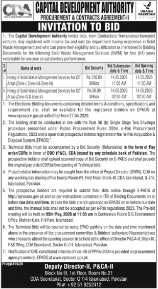 Solid Waste Management Services for ICT Areas (Zone I-VI) and Zone-I (Sector H-16) for four (04) years extendable to one year on satisfactory performance - Capital Development Authority, Procurement & Contracts Agreement-II