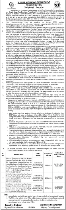 PUNJAB HIGHWAYS DEPARTMENT TENDER NOTICE for Rehabilitation/Construction of Roads in District Gujranwala - Punjab Highways Department, Highway Division Narowal