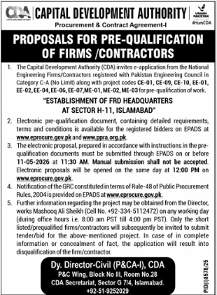 PROPOSALS FOR PRE-QUALIFICATION OF FIRMSCONTRACTORS for Establishment of FRD Headquarters at Sector H-11, Islamabad - Capital Development Authority, Procurement & Contract Agreement-I