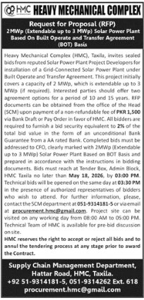 Request for Proposal (RFP) for 2MWp Extendable up to 3 MWp Solar Power Plant Based On Built Operate and Transfer Agreement (BOT) Basis - Heavy Mechanical Complex (HMC), Taxila