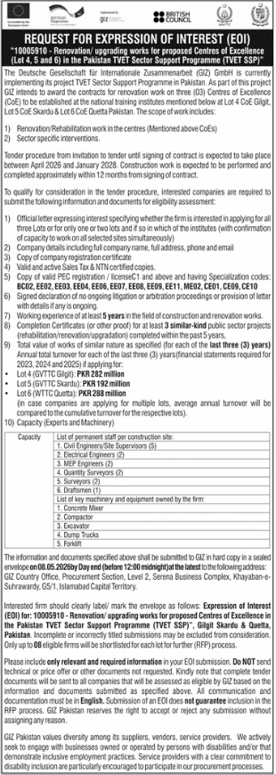 Renovation/ upgrading works for proposed Centres of Excellence (Lot 4, 5 and 6) in the Pakistan TVET Sector Support Programme (TVET SSP) - Deutsche Gesellschaft für Internationale Zusammenarbeit (GIZ) GmbH