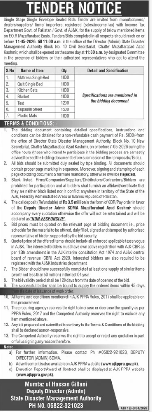 Supply of Non-Food Items - State Disaster Management Authority, Government of Azad Jammu & Kashmir