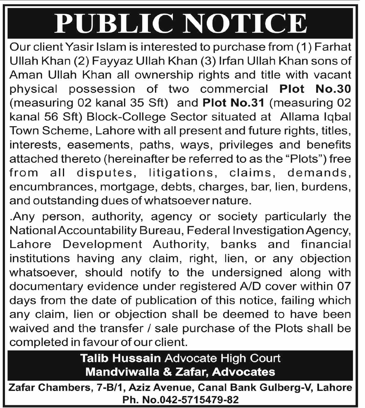Purchase of Plot No.30 & 31, Block-College Sector, Allama Iqbal Town, Lahore - Mandviwalla & Zafar, Advocates