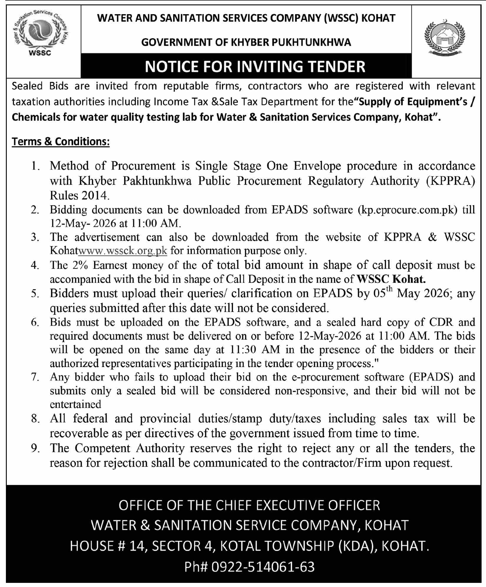 Supply of Equipment’s / Chemicals for water quality testing lab for Water & Sanitation Services Company, Kohat