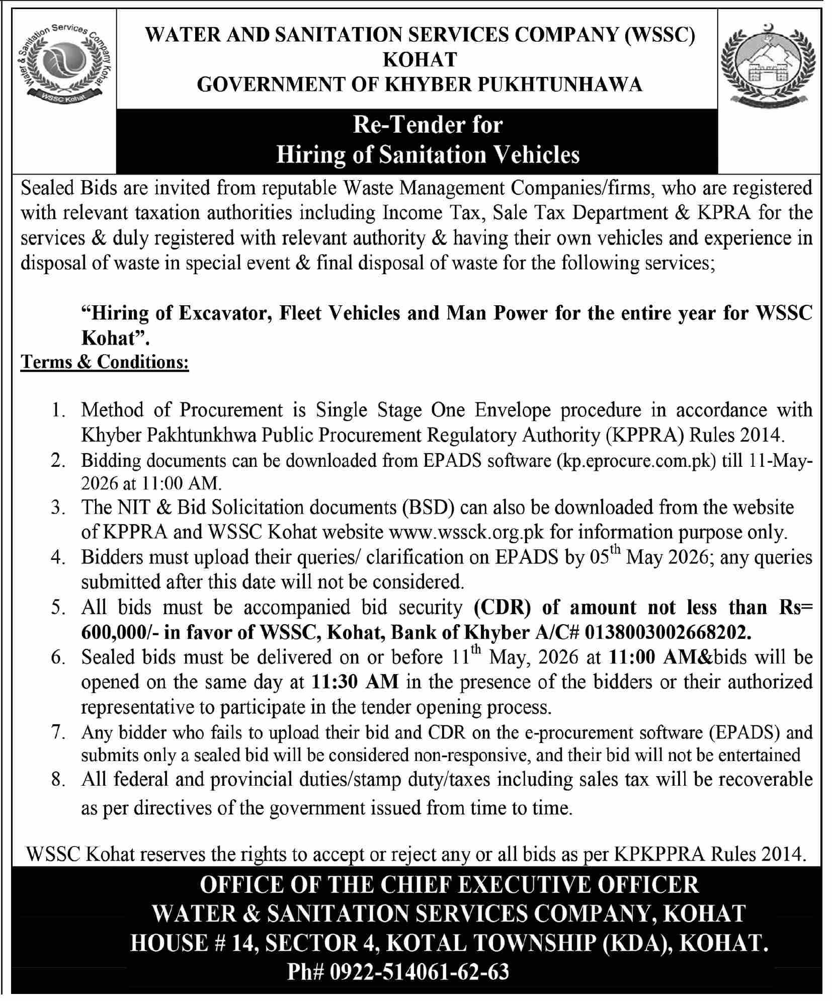 Re-Tender for Hiring of Sanitation Vehicles
