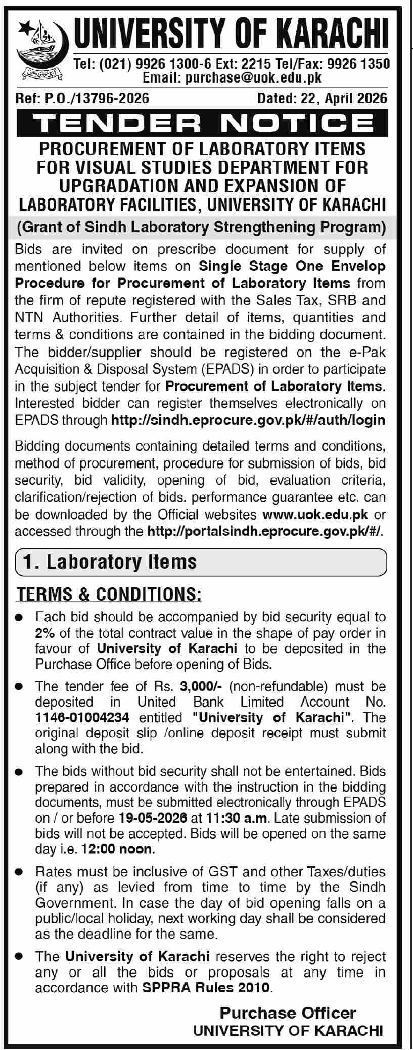PROCUREMENT OF LABORATORY ITEMS FOR VISUAL STUDIES DEPARTMENT FOR UPGRADATION AND EXPANSION OF LABORATORY FACILITIES, UNIVERSITY OF KARACHI (Grant of Sindh Laboratory Strengthening Program)