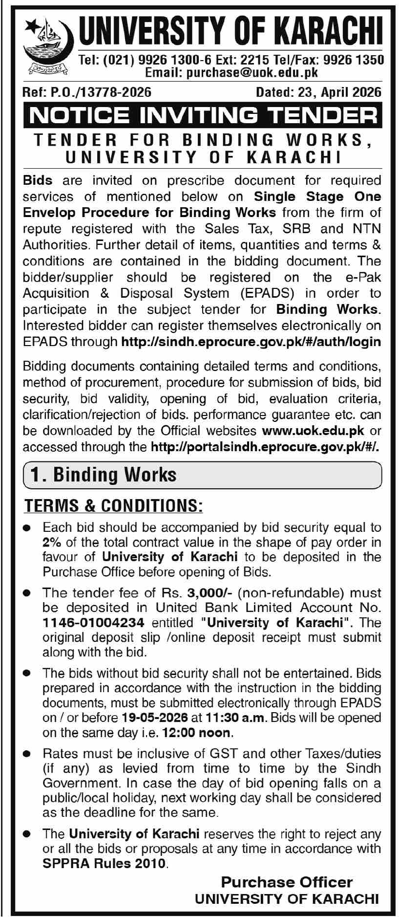 NOTICE INVITING TENDER FOR BINDING WORKS, UNIVERSITY OF KARACHI