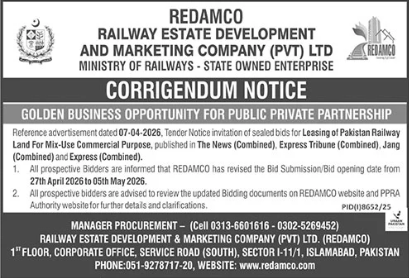 GOLDEN BUSINESS OPPORTUNITY FOR PUBLIC PRIVATE PARTNERSHIP - RAILWAY ESTATE DEVELOPMENT AND MARKETING COMPANY (PVT) LTD (REDAMCO), MINISTRY OF RAILWAYS - STATE OWNED ENTERPRISE