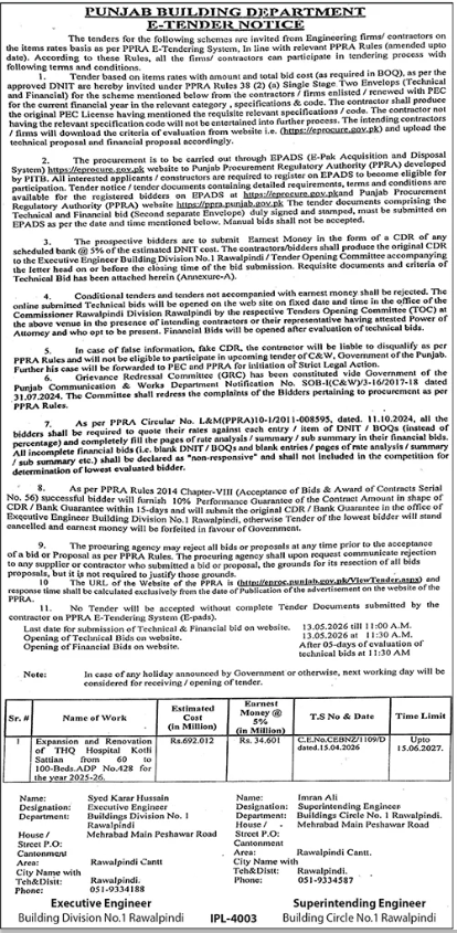 Expansion and Renovation of Cardiac Unit, DHQ Hospital Sattian from 60 to 100-Bed, ADP No. 428 for year 2025-26 - PUNJAB BUILDING DEPARTMENT