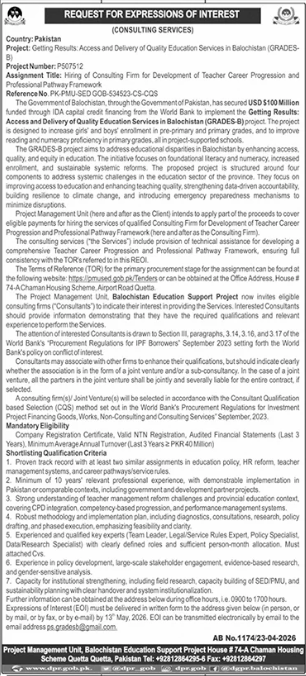 Hiring of Consulting Firm for Development of Teacher Career Progression and Professional Pathway Framework - Project Management Unit, Balochistan Education Support Project
