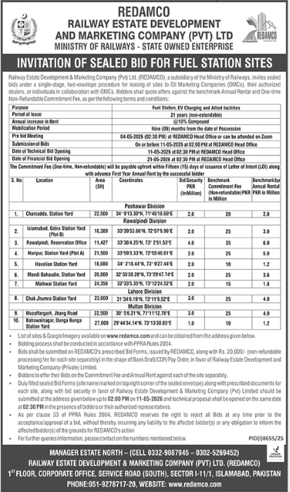 INVITATION OF SEALED BID FOR FUEL STATION SITES - RAILWAY ESTATE DEVELOPMENT AND MARKETING COMPANY (PVT) LTD (REDAMCO), MINISTRY OF RAILWAYS - STATE OWNED ENTERPRISE
