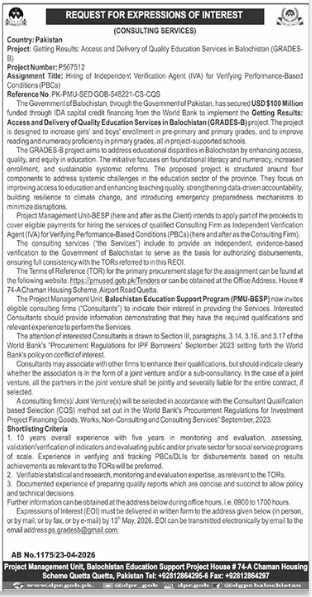 Hiring of Independent Verification Agent (IVA) for Verifying Performance-Based Conditions (PBCs) - roject Management Unit-Balochistan Education Support Project