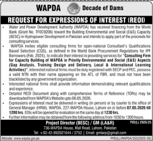REQUEST FOR EXPRESSIONS OF INTEREST (REOI) - Hiring of Consulting Firm for Capacity Building of WAPDA in Priority Environmental and Social (E&S) Aspects - Water and Power Development Authority (WAPDA)