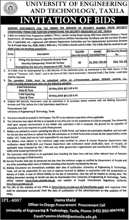 Hiring the Services of Security Guards from Security Companies/Firms for Further Strengthening the Security Measures at UET, Taxila