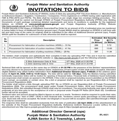 Procurement for Fabrication of Suction Machines - Punjab Water and Sanitation Authority (P-WASA)