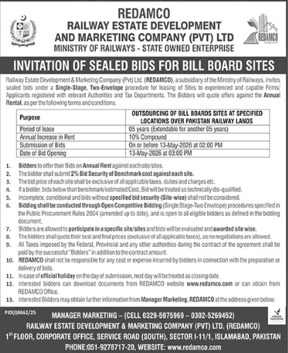 SEALED BIDS FOR BILL BOARD SITES - RAILWAY ESTATE DEVELOPMENT AND MARKETING COMPANY (PVT) LTD (REDAMCO), Ministry of Railways