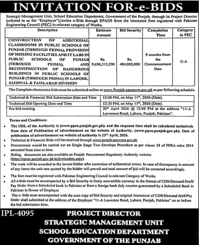 Construction of Additional Classrooms, IT Labs, Reconstruction of Dangerous Buildings in Public Schools of Punjab - School Education Department, Government of the Punjab (through Project Director, Strategic Management Unit)