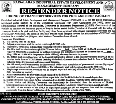 Hiring of Transport Services for Pick and Drop Facility - Faisalabad Industrial Estate Development and Management Company (FIEDMC)