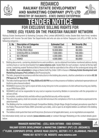 For Exclusive Selling Rights for Three (03) Years on the Pakistan Railway Network - Railway Estate Development and Marketing Company (Pvt) Ltd (REDAMCO), Ministry of Railways