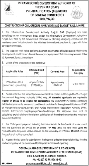 PRE-QUALIFICATION (PQ) NOTICE OF GENERAL CONTRACTOR - Construction of Civil Officers Apartments and Banquet Hall, Lahore