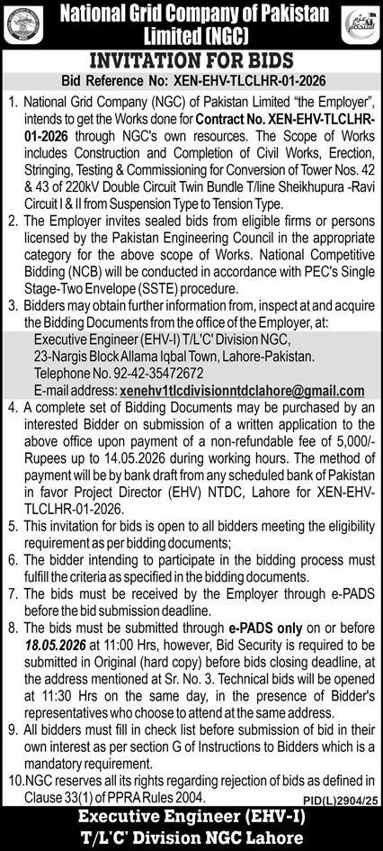 Construction and Completion of Civil Works, Erection, Stringing, Testing & Commissioning for Conversion of Tower Nos. 42 & 43 of 220kV Double Circuit Twin Bundle T/Line Sheikhupura - Ravi Circuit I & II - National Grid Company of Pakistan Limited (NGC)