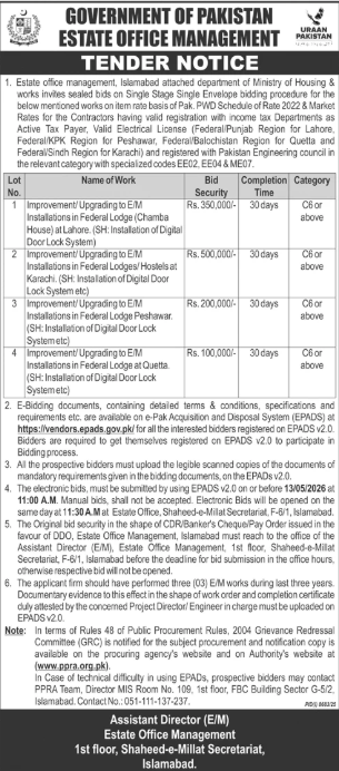 Improvement/Upgrading to E/M Installations in Federal Lodges/Hostels at Karachi (SH: Installation of Digital Door Lock System) - Estate Office Management, Islamabad - Ministry of Housing & Works