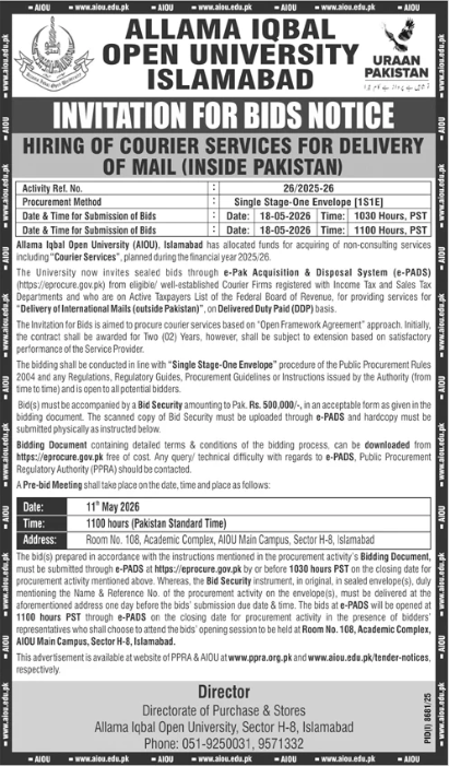 HIRING OF COURIER SERVICES FOR DELIVERY OF MAIL (INSIDE PAKISTAN) - Allama Iqbal Open University Islamabad