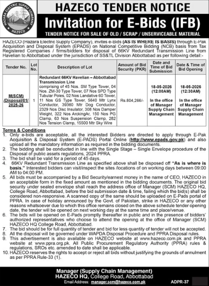 TENDER NOTICE FOR SALE OF OLD / SCRAP / UNSERVICEABLE MATERIAL - Redundant 66KV Havelian – Abbottabad