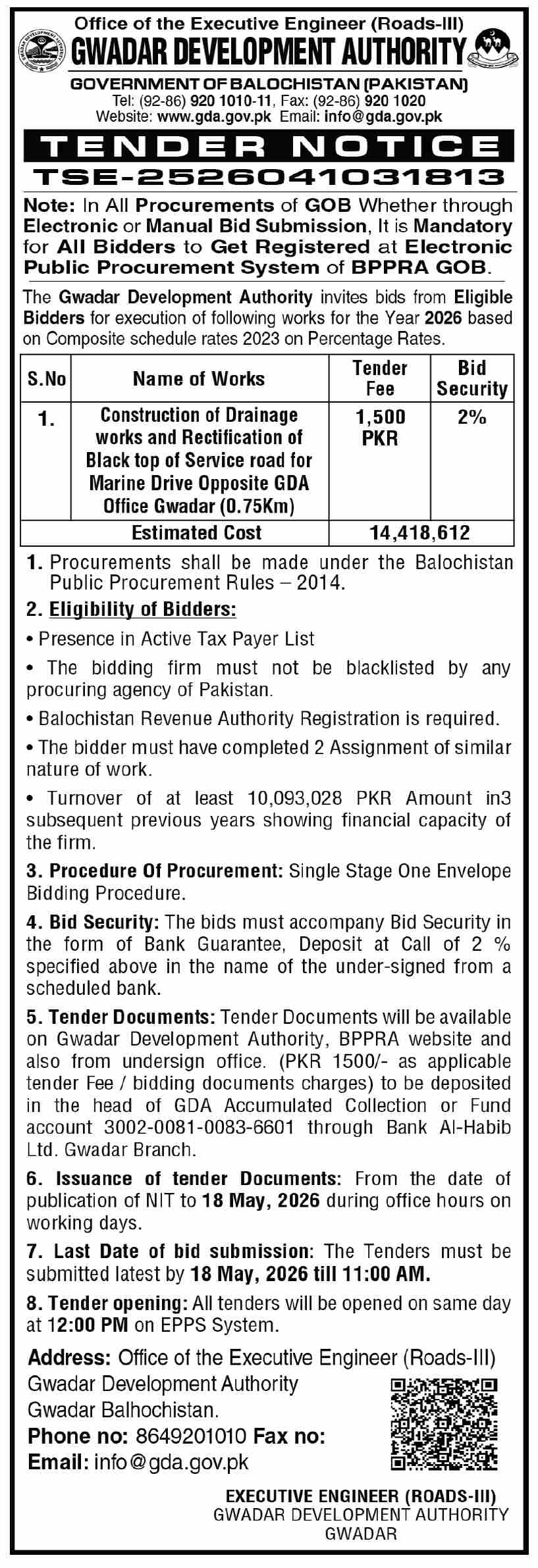 Construction of Drainage works and Rectification of Black top of Service road for Marine Drive Opposite GDA Office Gwadar (0.75Km) - Gwadar Development Authority