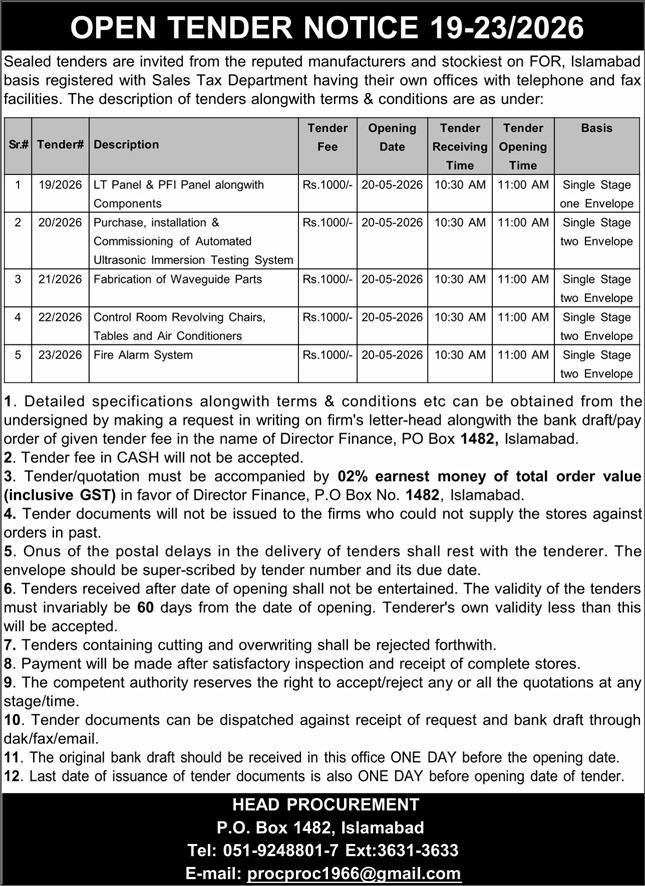 Fabrication of Waveguide Parts - Tender 21/2026 - Head Procurement, P.O. Box 1482, Islamabad