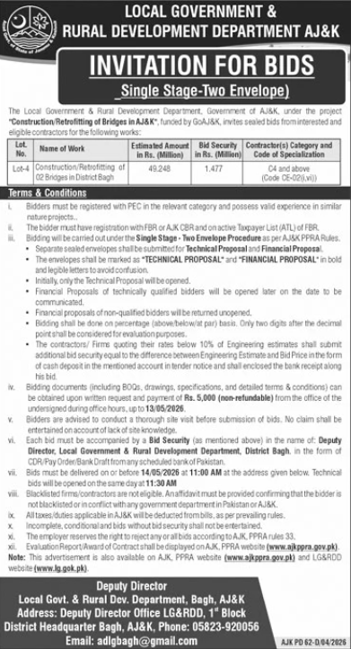 Construction/Retrofitting of 02 Bridges in District Bagh - Lot No. 4 - Local Government & Rural Development Department, AJ&K