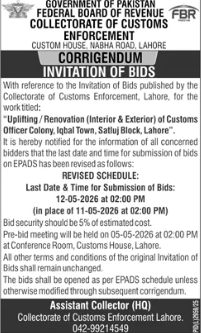 Corrigendum - Uplifting / Renovation of Customs Officer Colony, Iqbal Town, Lahore - Collectorate of Customs Enforcement, Lahore